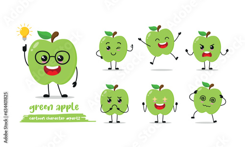 cute green apple cartoon with many expressions. fruit different activity pose vector illustration flat design set.