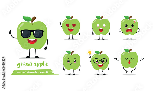 Leinwand Poster cute green apple cartoon with many expressions