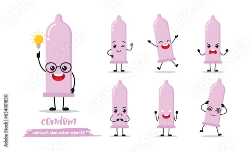 cute condom cartoon with many expressions. contraceptive different activity pose vector illustration flat design set.