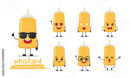 cute mustard sauce cartoon with many expressions. mustard bottle different activity pose vector illustration flat design set with sunglasses.