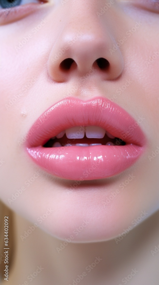 pink sensual lips with bright shiny lipstick, young female face, make up cosmetics, close up, generative ai pink sensual lips with bright shiny lipstick, young female face, make up cosmetics, close up, generative ai
