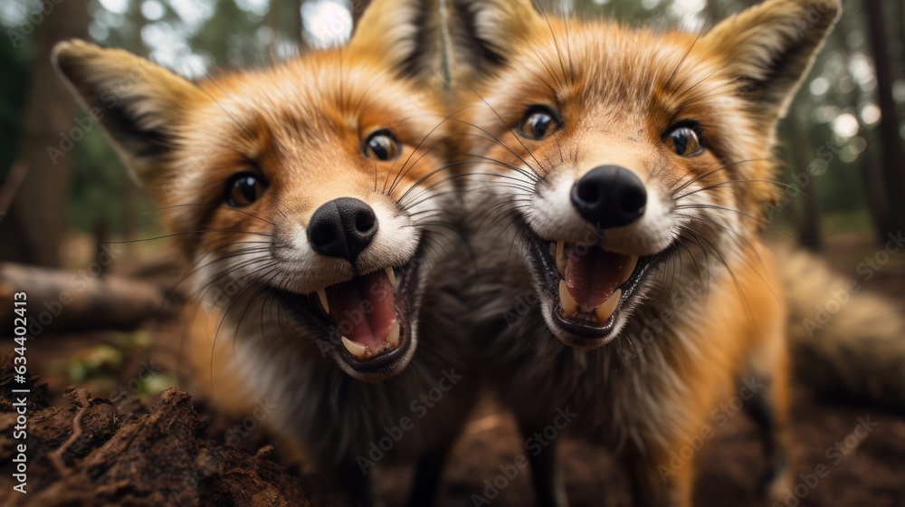 Fototapeta premium Close-up of two red foxes, Vulpes vulpes, in the forest