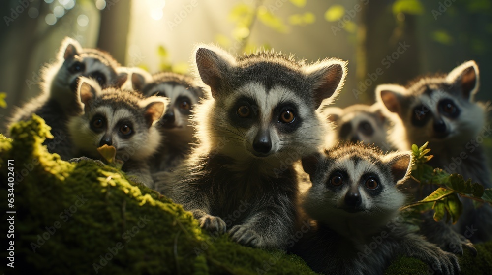 Group of lemurs in the forest. wild life scene