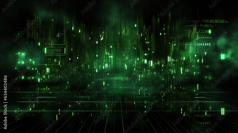 Green, abstract binary code elements on a dark screen, illustrating the concepts of malware, ransomware, and cyber attacks. Background design that includes copy space for added content Green, abstract binary code elements on a dark screen, illustrating the concepts of malware, ransomware, and cyber attacks. Background design that includes copy space for added content
