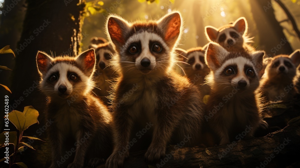 Group of lemurs in the forest. wild life scene