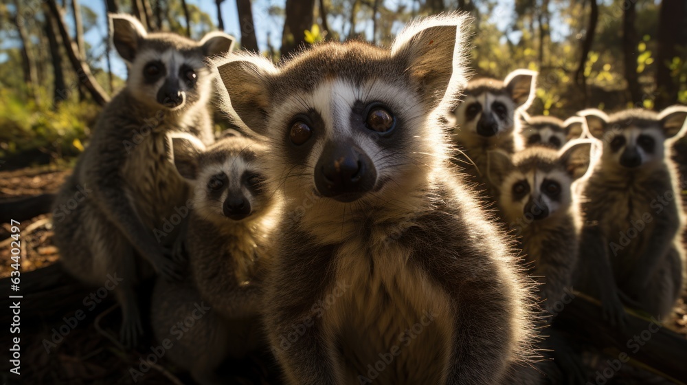 Fototapeta Group of lemurs in the forest. wild life scene