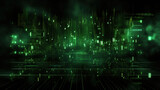 Green, abstract binary code elements on a dark screen, illustrating the concepts of malware, ransomware, and cyber attacks. Background design that includes copy space for added content