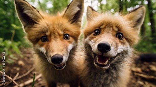 Close-up of two red foxes, Vulpes vulpes, in the forest © sirisakboakaew