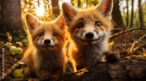 Close-up of two red foxes, Vulpes vulpes, in the forest © sirisakboakaew