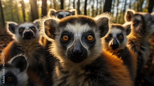 Group of lemurs in the forest. wild life scene © sirisakboakaew