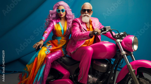 AI generated, elderly couple, man and woman,extravagant vibrant colored fashion clothing, fashion shoot. Posing on a motorcycle. Old is not boring. Attractive older couple, good health. Multi-colored.