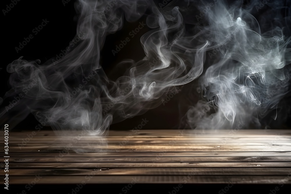 Empty Space for display your products, empty wooden table with smoke float up on dark background Empty Space