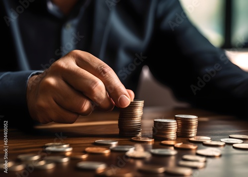 Concept of enrichment and financial growth. Gold coins. Hand add coin to stack, saving money. Income Tax Raise. Person pointing writing goals on a paper,writing business plan at workplace. Calculator.