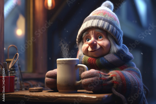Cute little girl in winter clothes drinking hot chocolate at home