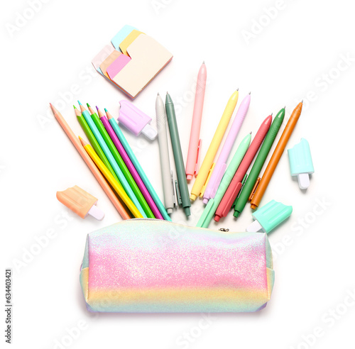 Colorful pencil case and different school stationery on white background