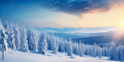 amazing sunrise in the winter mountains. Abstract Christmas background with copy space. Holiday concept.