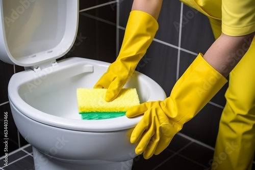 Housewife clean the toilet with a brush. Hands in yellow rubber gloves. Bathroom