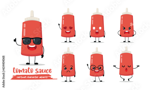 cute tomato sauce cartoon with many expressions. tomato sauce bottle different activity pose vector illustration flat design set with sunglasses.