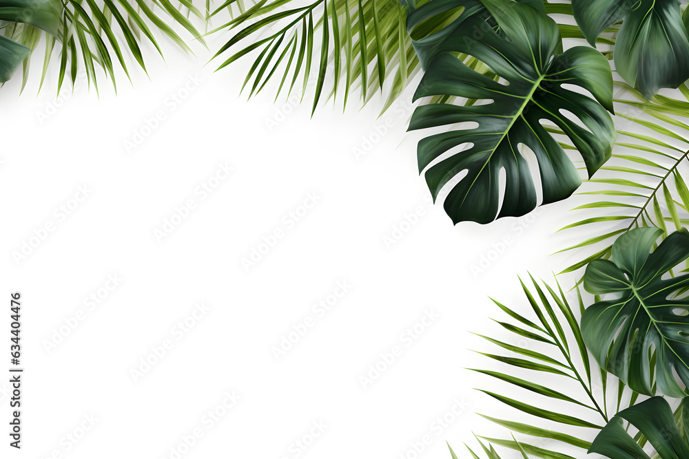 palm and monstera leaves on white background. Natural floral backdrop ai generated palm and monstera leaves on white background. Natural floral backdrop ai generated