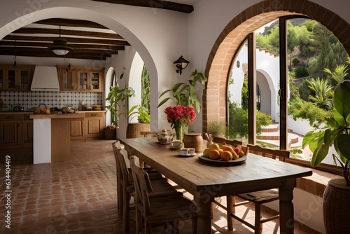 Traditional spanish interior design of kitchen dining table and chairs ai generated
