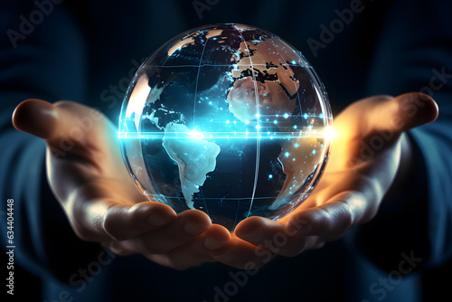 A finger touching virtual hologram of planet earth globe. Concept of the digital world ai generated