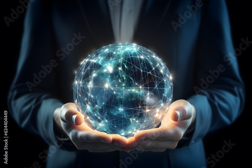 A finger touching virtual hologram of planet earth globe. Concept of the digital world ai generated