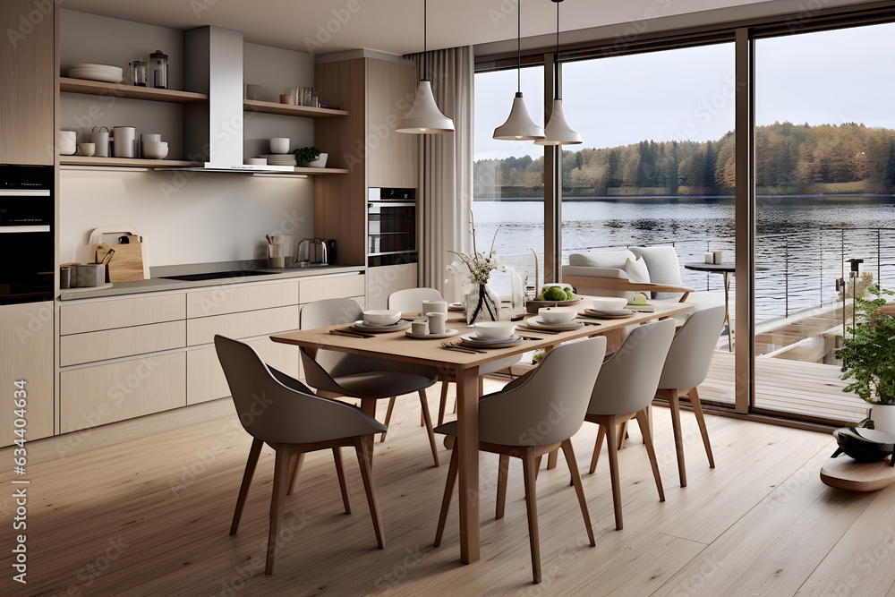 Modern interior design of scandinavian kitchen dining table and chairs ai generated