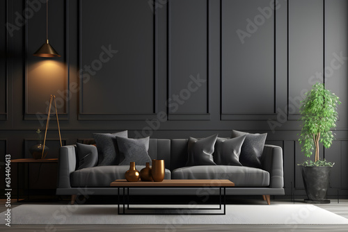 Interior design of living room with gray sofa over black stucco wall with wooden panelling ai generated