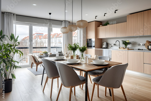 Modern interior design of scandinavian kitchen dining table and chairs ai generated