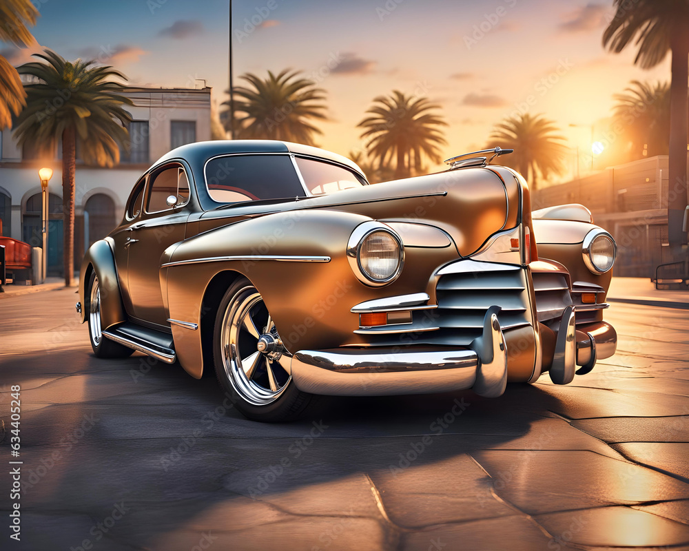 modified vintage hot rod car on a sunset beach alley - generative ai