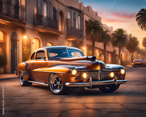 modified vintage hot rod car on a sunset beach alley - generative ai