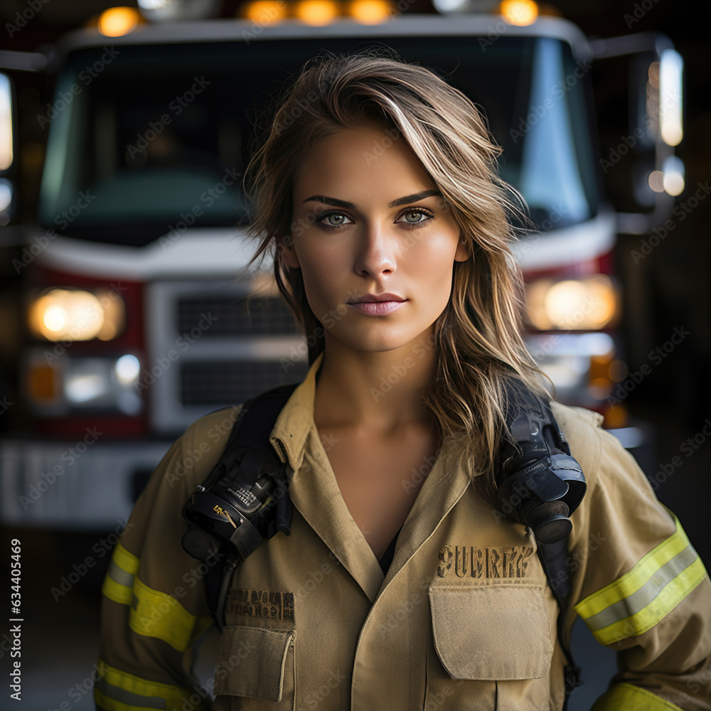 Firefighter woman standing in front of a fire truck Fire fighter woman standing in front of a fire truck