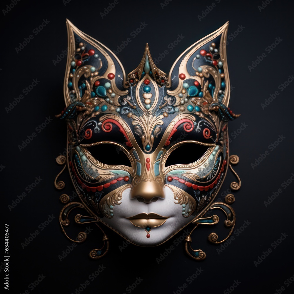 handmade jewelry mask in the form of a muzzle of a cat for the festival inlaid with gold and crystals, painted with enamel, in the form of a muzzle of a cat