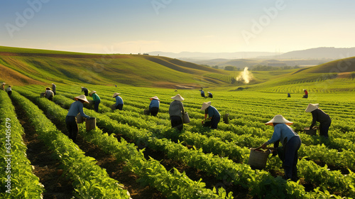 Farmworkers laboring in the field. Significance of manual labor in the agricultural sector, focusing on the diligence and hard work of farmworkers who contribute to food production. photo