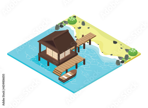 Japanese style isometric beach with water house, rocks, boat and vegetation.vector illustration isolated on white background.