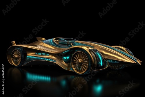 non-existent car of the future with streamlined shapes made of gold and precious stones on a dark background.jewelry. 
