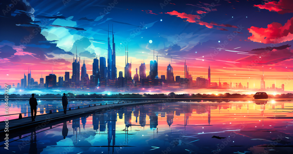 futuristic city with lines and a blue sky