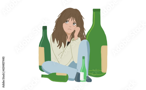 Female alcoholism. Drunk young woman sits in a pile of empty bottles. Alcohol abuse. Alcohol addiction. Mental health. Depression, stress, bad habit, unhealthy lifestyle. Isolated vector.