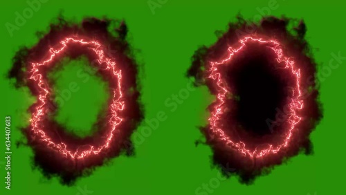 Green screen of round magic shape as interdimensional portal magic with dark smoke, VFX Red lighting. One got hole in the middle and full of black on the other. 4k Video.