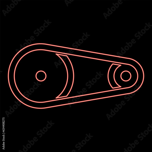 Neon belt transmission mechanism with two pulleys drive part automobile tension rollers engine spare auto repair wheels with rubber tape V-belt Automotive concept red color vector illustration image 