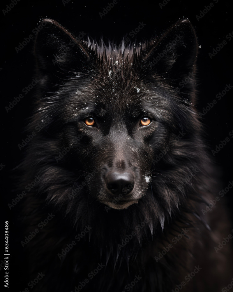 Generated photorealistic image of a stern forest black wolf with snow on its fur