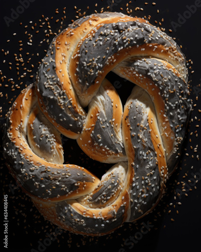 Generated photorealistic image of a braided sesame pretzel