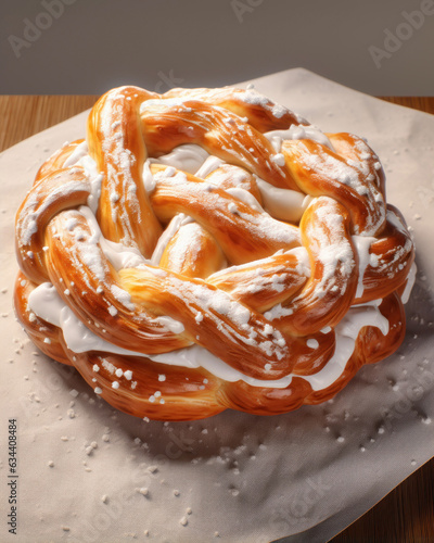 Generated photorealistic image of a braided pretzel with vanilla icing photo