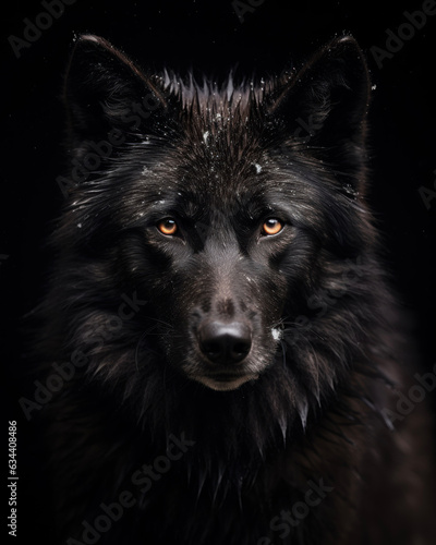 Generated photorealistic image of a stern forest black wolf with snow on its fur