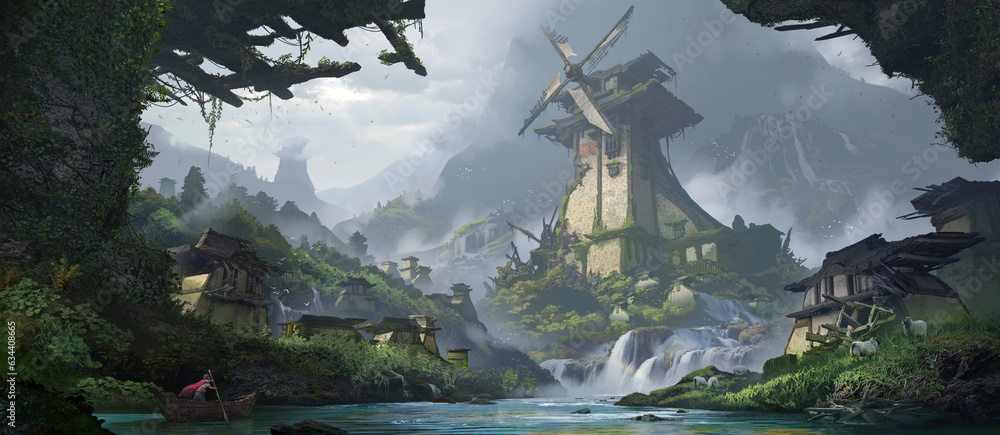 Naklejka premium An illustration of the giant medieval fantasy windmill in abandoned town in the undiscovered mountains scenery.