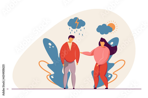 Woman supporting depressed friend vector illustration. Girlfriend or female colleague helping and understanding man with dark cloud and rain over head. Emotional connection, empathy concept