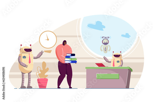 Reduction of importance of men at work vector illustration. Human employee doing manual work while AI robots working on laptop and managing business. Robotization, artificial intelligence concept © Bro Vector
