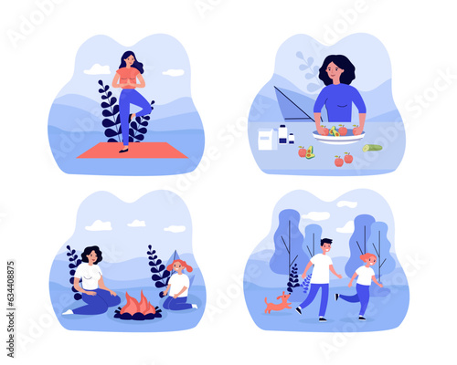 People keeping fit and healthy vector illustrations set. Happy adults and children meditating, eating fruits and vegetables, camping at nature, jogging. Health and wellness, active lifestyle concept