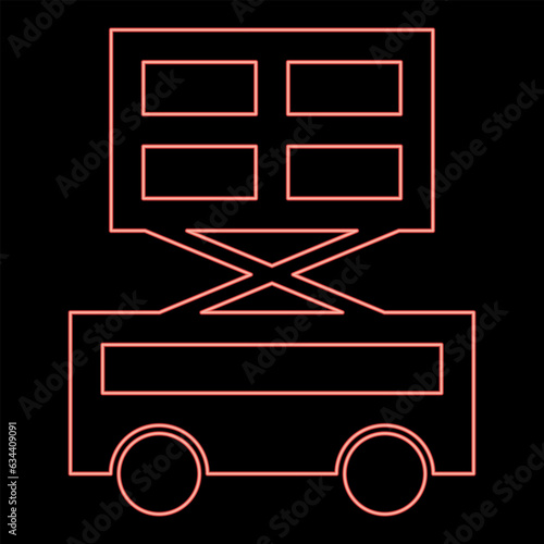 Neon lifting machine scissor lift platform self propelled red color vector illustration image flat style