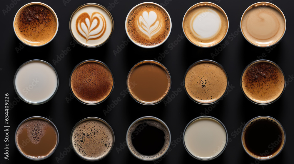 Set of cups of different coffee isolated on white background, top view. Created with Generative AI technology. Set of cups of different coffee isolated on white background, top view. Created with Generative AI technology.